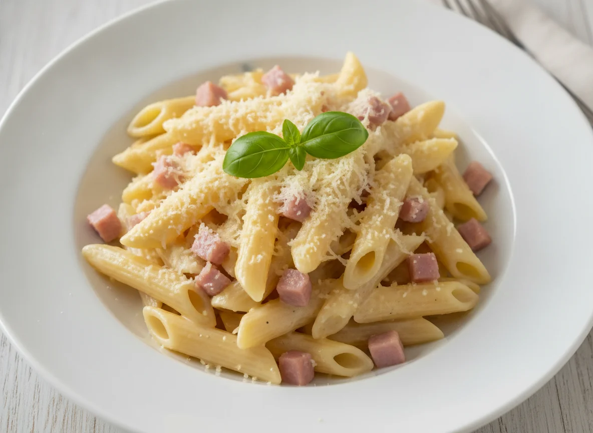 Pasta Carbonara Art mit Schinken-Sahne-Soße photo