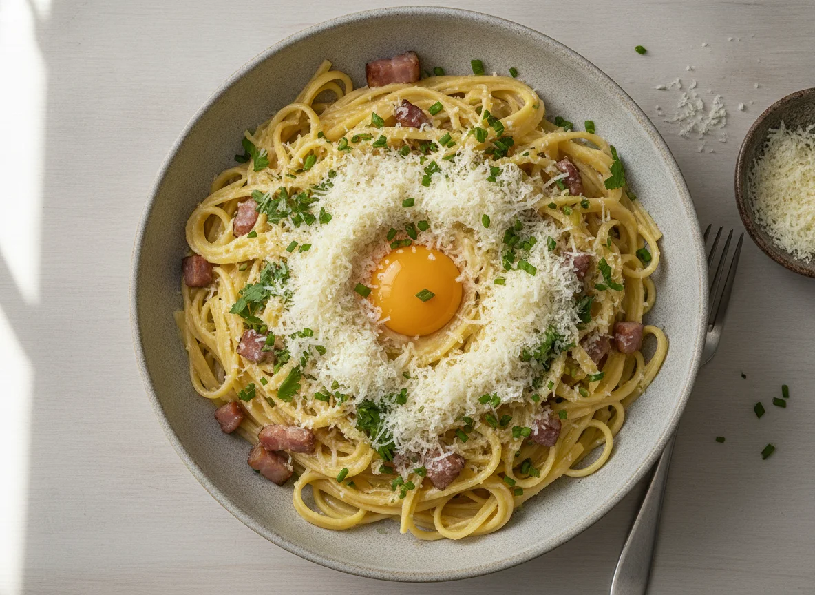 Pasta Carbonara mit geriebenem Käse photo
