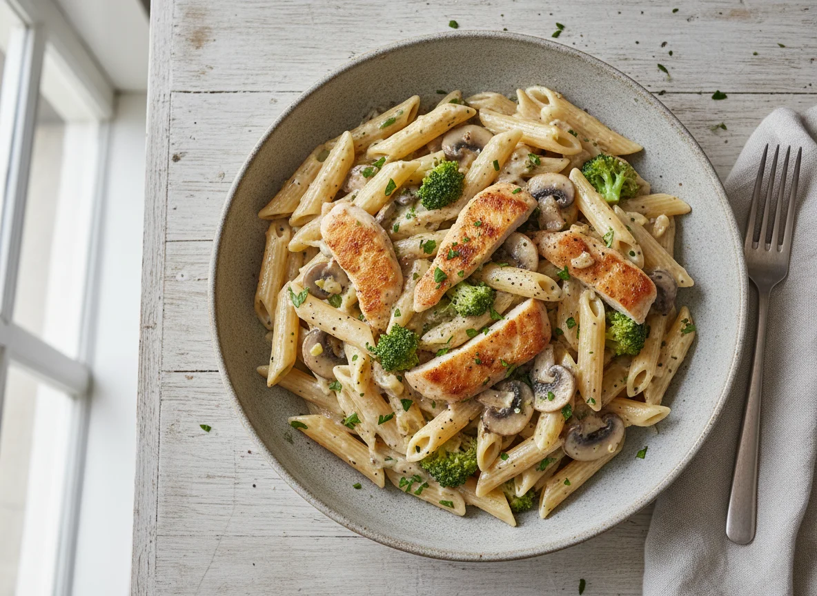 Pasta de Lux mit Hähnchenbrust, Champignons, Brokkoli und Sahnesauce photo