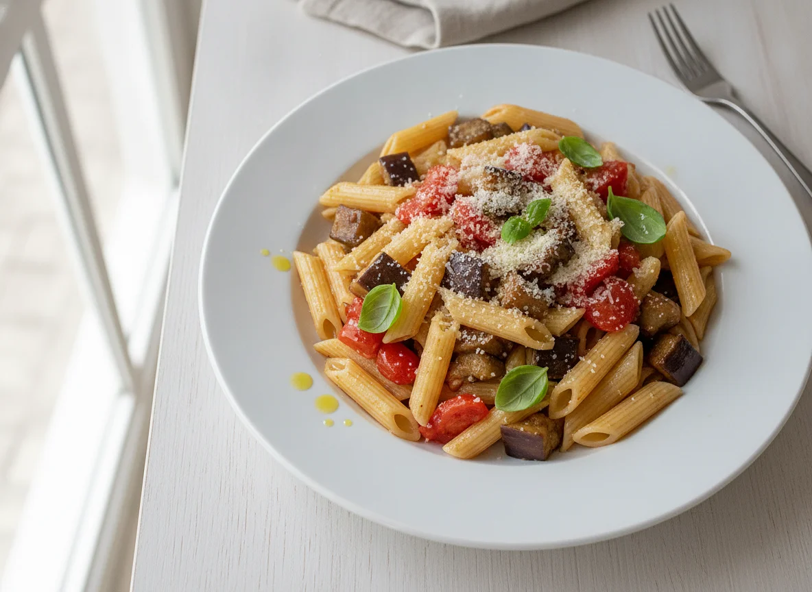 Pasta mit Auberginen und Tomaten photo