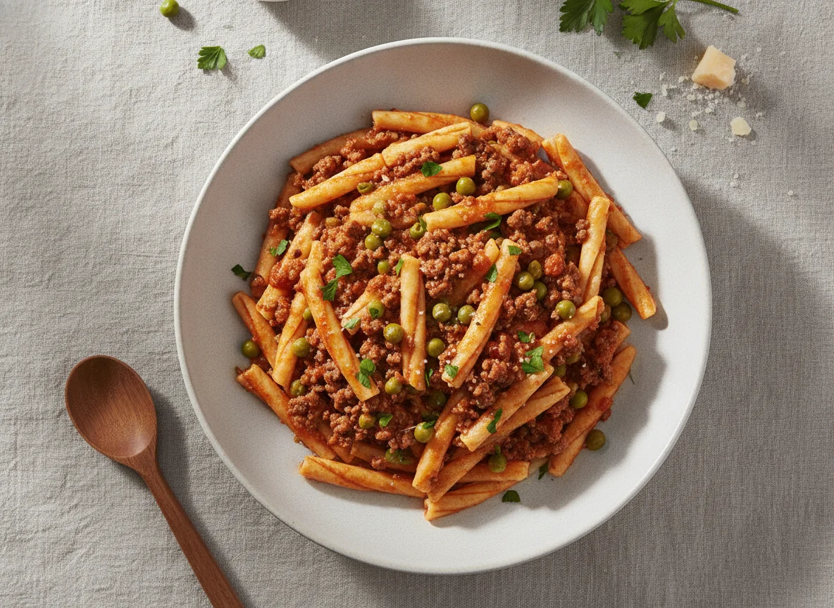 Pasta mit Bolognese-Sauce und Erbsen photo