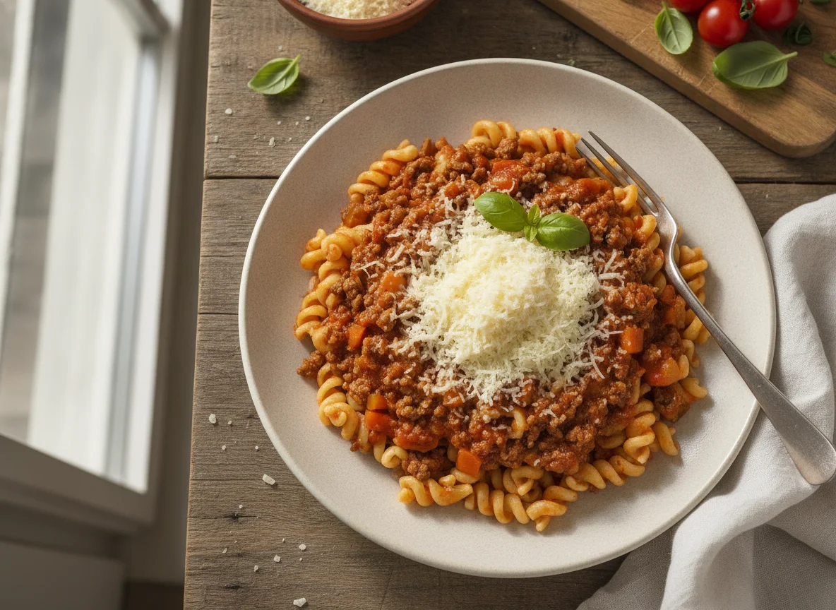 Pasta mit Bolognese-Sauce und Käse photo