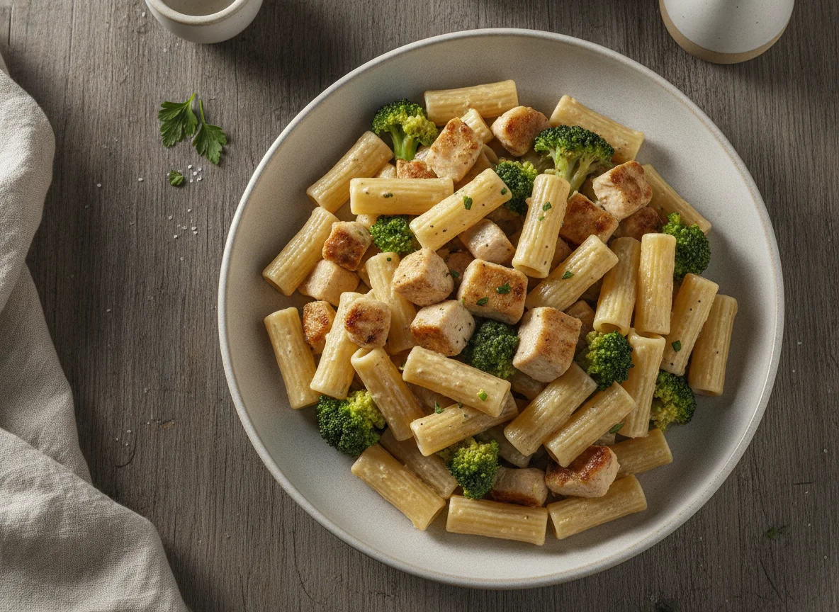 Pasta mit Brokkoli und Hähnchen in Sahnesauce photo
