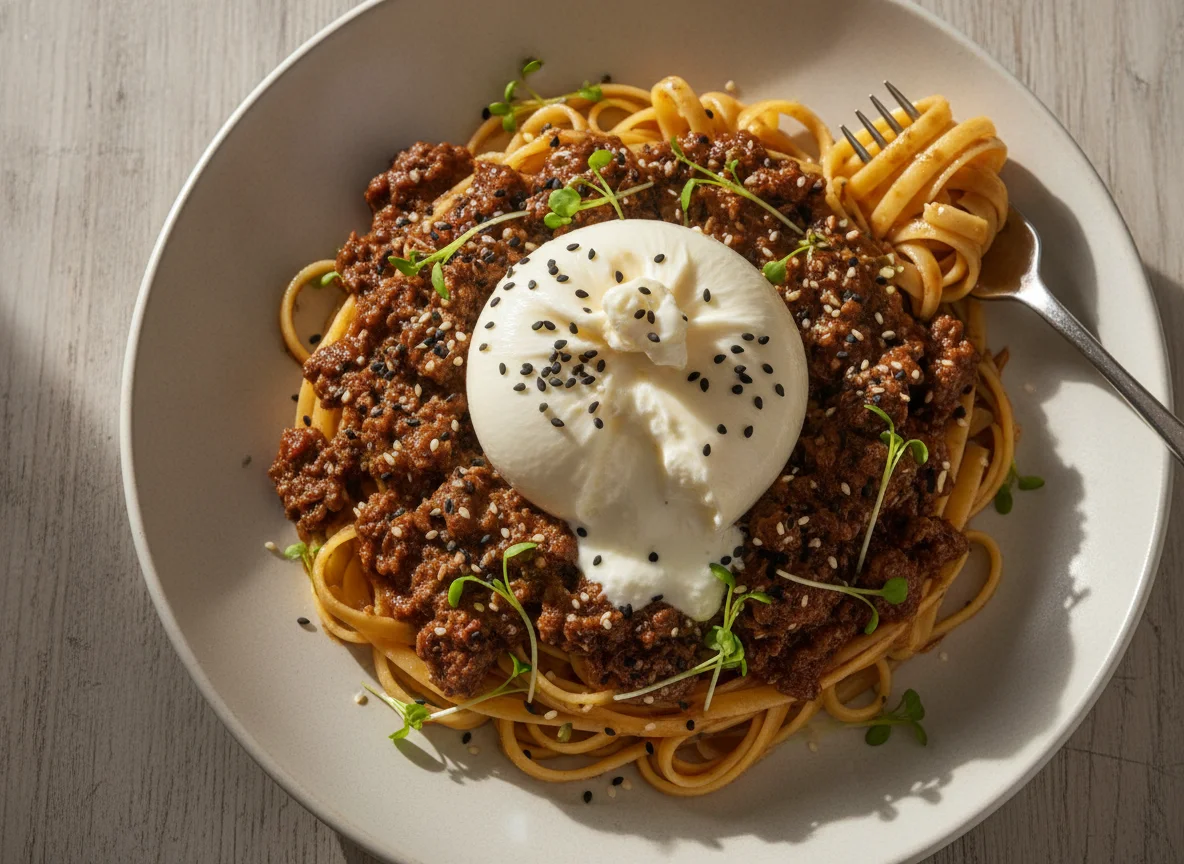 Pasta mit Burrata und Fleischragout photo