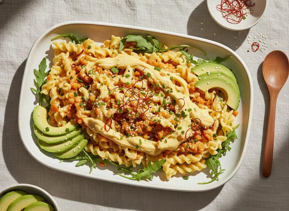 Pasta mit cremigem Käse, Avocado und Karotten-Rote Linsen-Sauce photo
