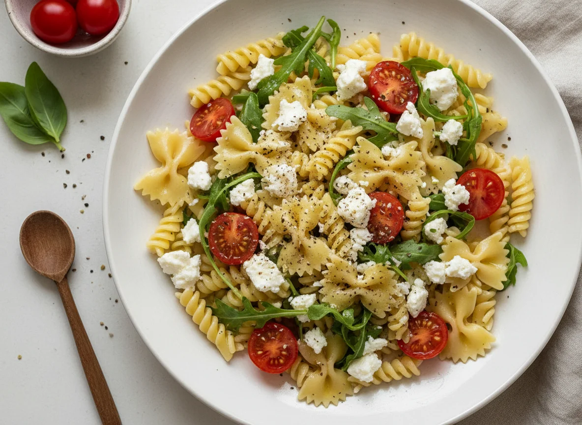 Pasta mit Feta, Tomaten und Rucola photo