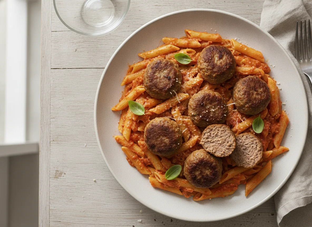 Pasta mit Fleischbällchen in Tomatensauce photo