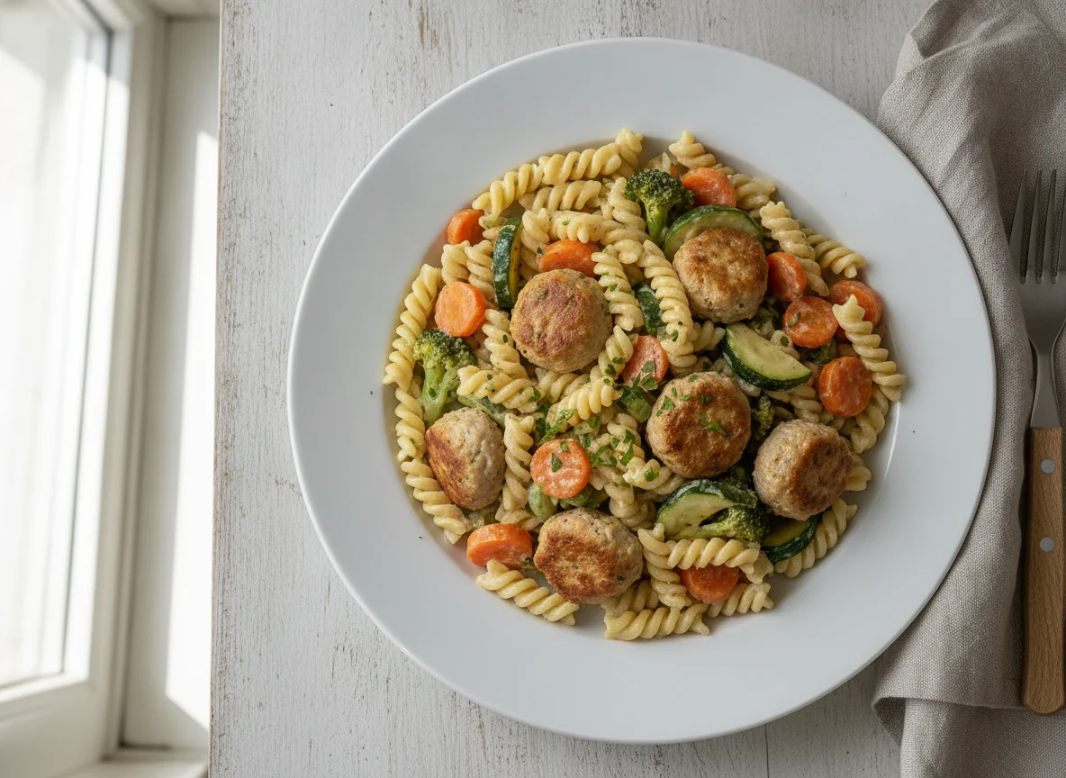 Pasta mit Fleischbällchen und Gemüse photo