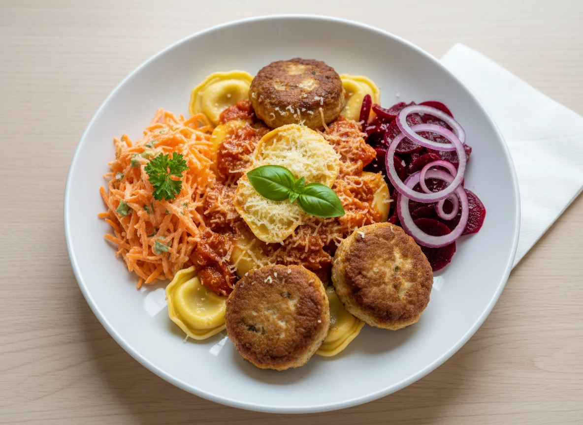 Pasta mit Frikadellen und Salat photo
