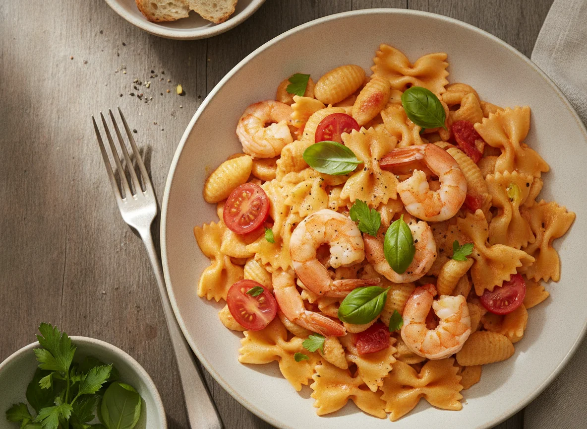 Pasta mit Garnelen in Tomaten-Sahnesauce photo