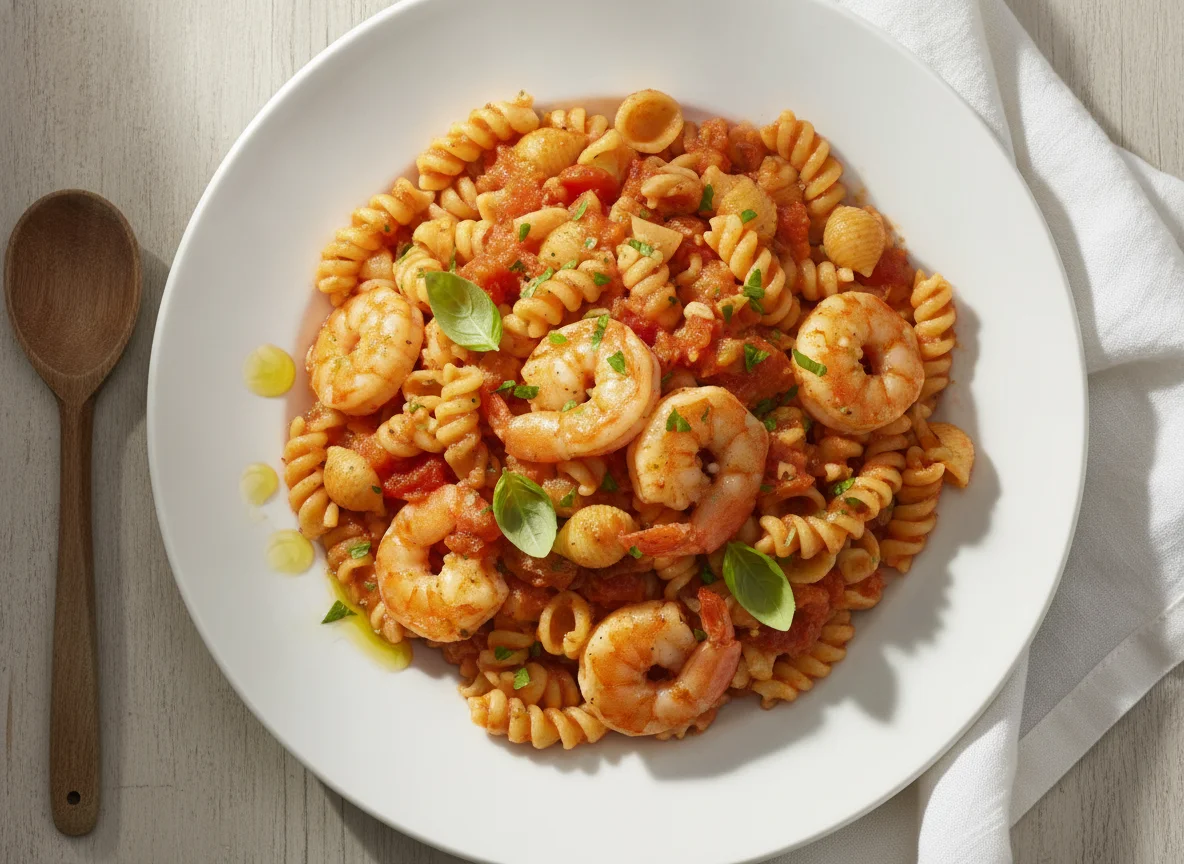 Pasta mit Garnelen in Tomatensauce photo