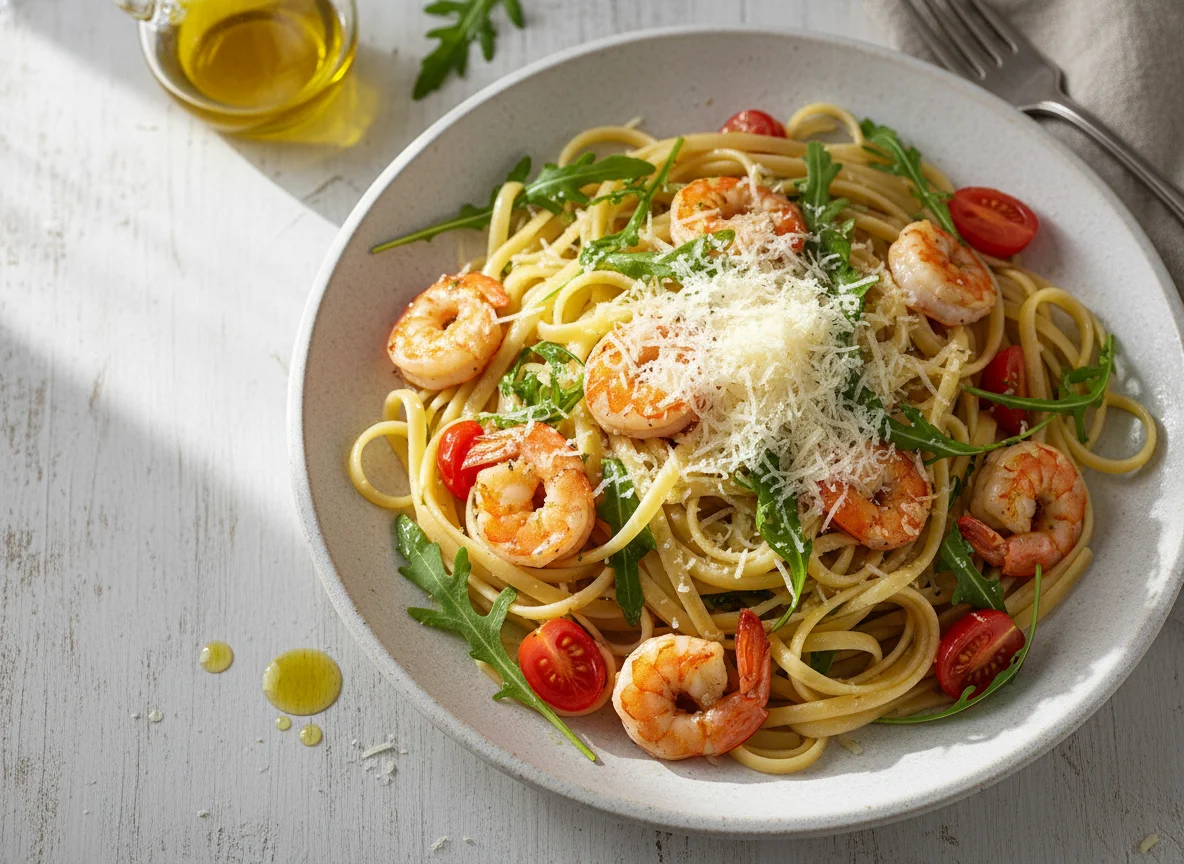 Pasta mit Garnelen, Rucola und Parmesan photo