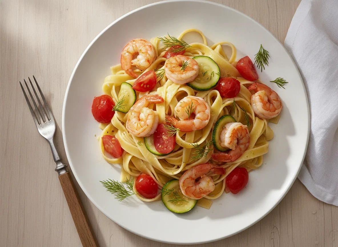 Pasta mit Garnelen, Tomaten und Zucchini photo