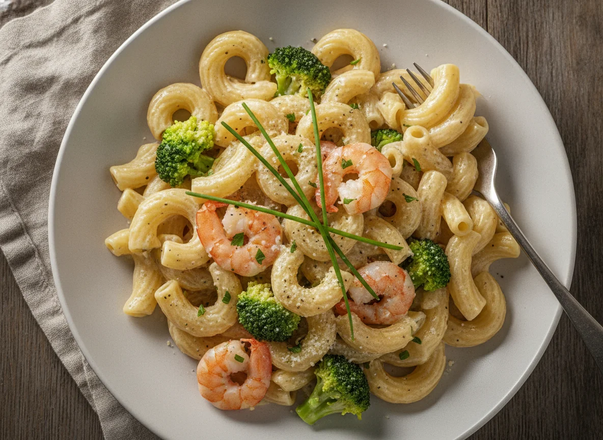Pasta mit Garnelen und Brokkoli in Sahnesauce photo
