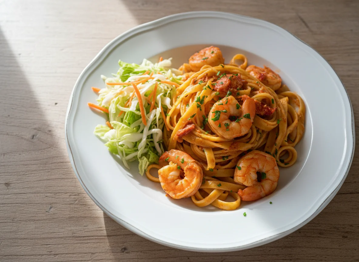 Pasta mit Garnelen und Hummersauce photo