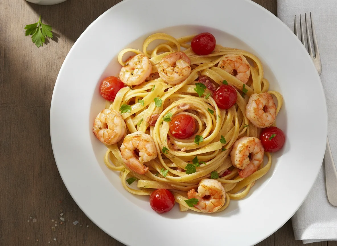 Pasta mit Garnelen und Kirschtomaten photo