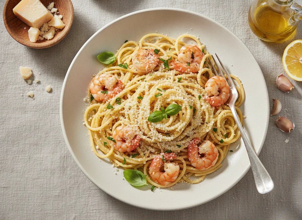 Pasta mit Garnelen und Parmesan photo