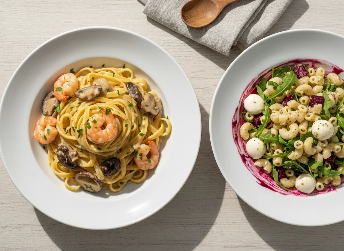 Pasta mit Garnelen und Pilzen & Nudelsalat mit Mozzarella photo