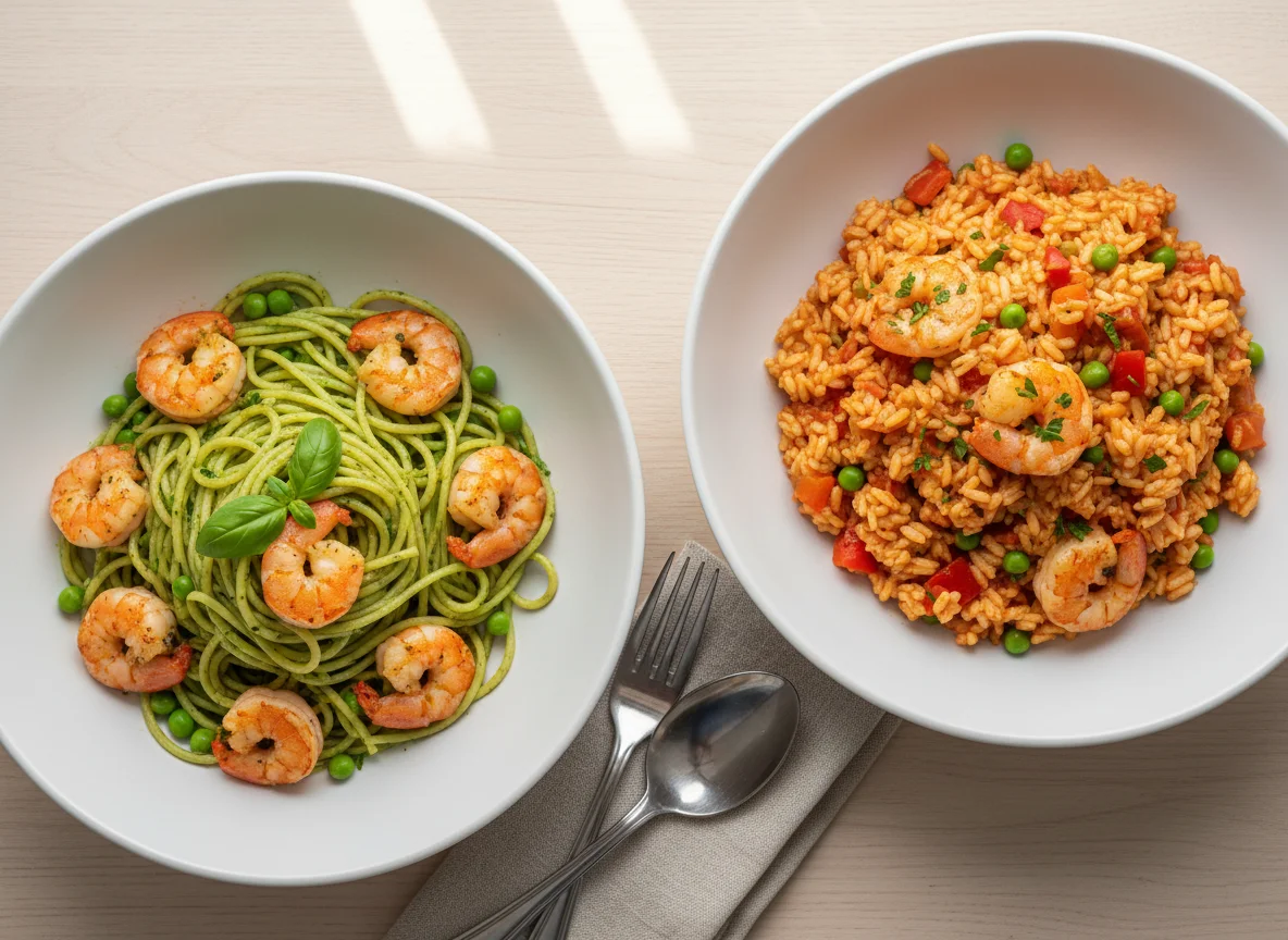 Pasta mit Garnelen und Reisgericht photo