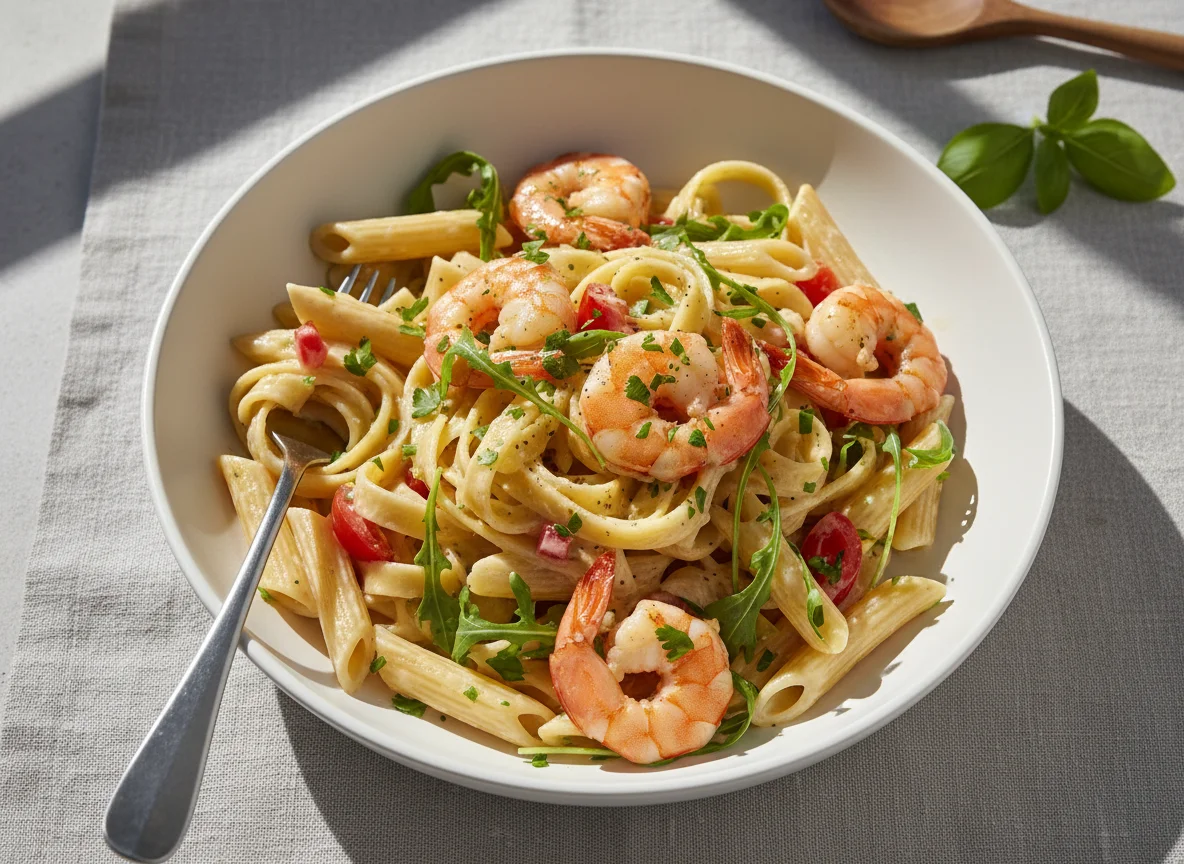 Pasta mit Garnelen und Rucola photo
