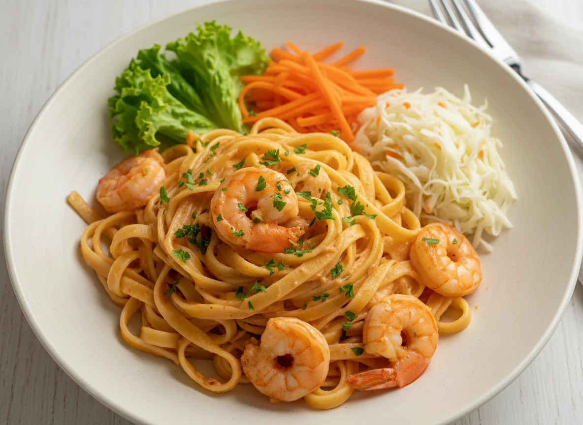 Pasta mit Garnelen und Sahnesauce photo
