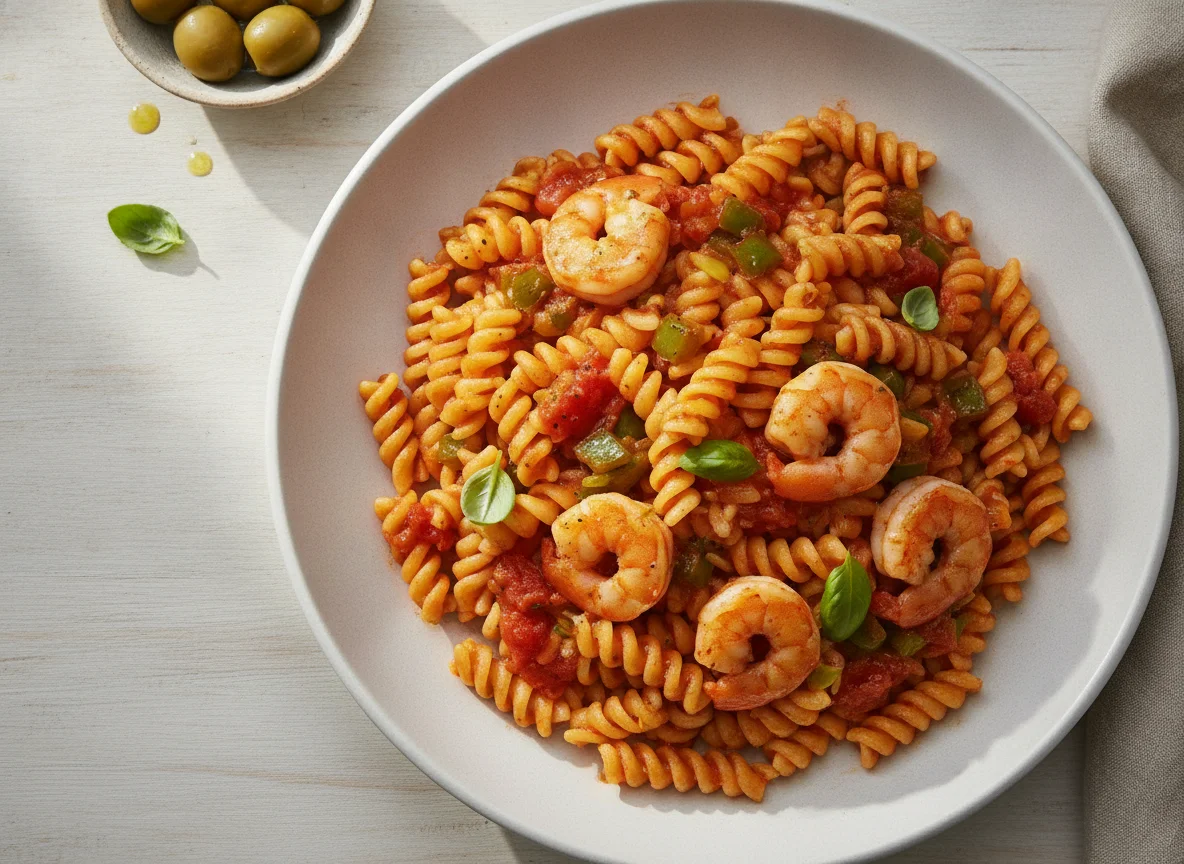 Pasta mit Garnelen und Tomatensauce photo