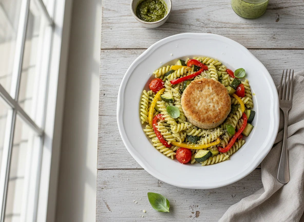 Pasta mit Gemüse und Frikadelle photo