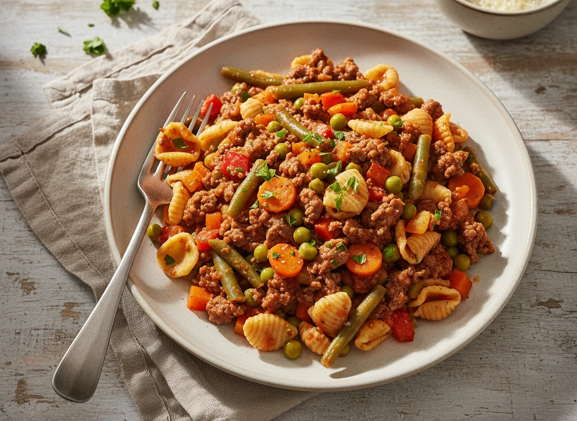 Pasta mit Gemüse und Hackfleischsauce photo