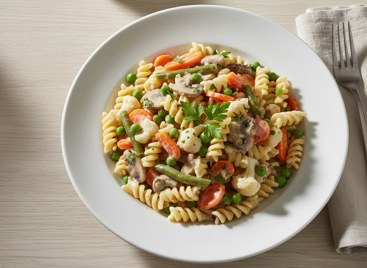 Pasta mit Gemüse und Rahmsauce photo