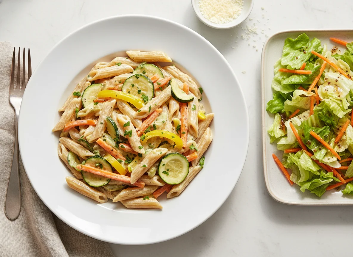Pasta mit Gemüse und Rahmsauce und Beilagensalat photo