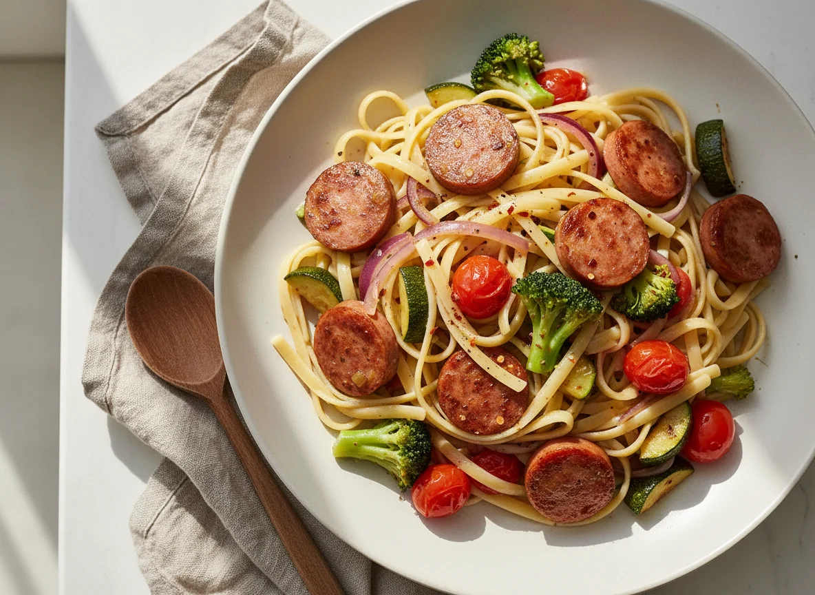 Pasta mit Gemüse und Wurst photo