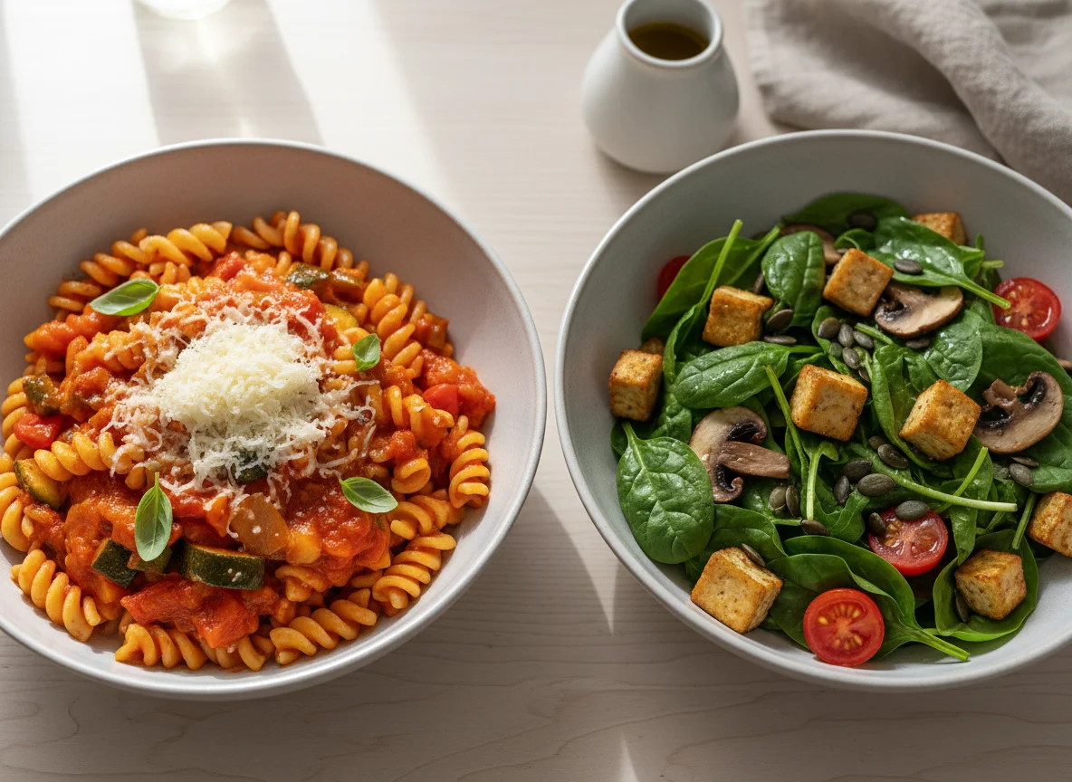 Pasta mit Gemüsesauce und Parmesan, dazu Spinatsalat mit Tofu und Pilzen photo