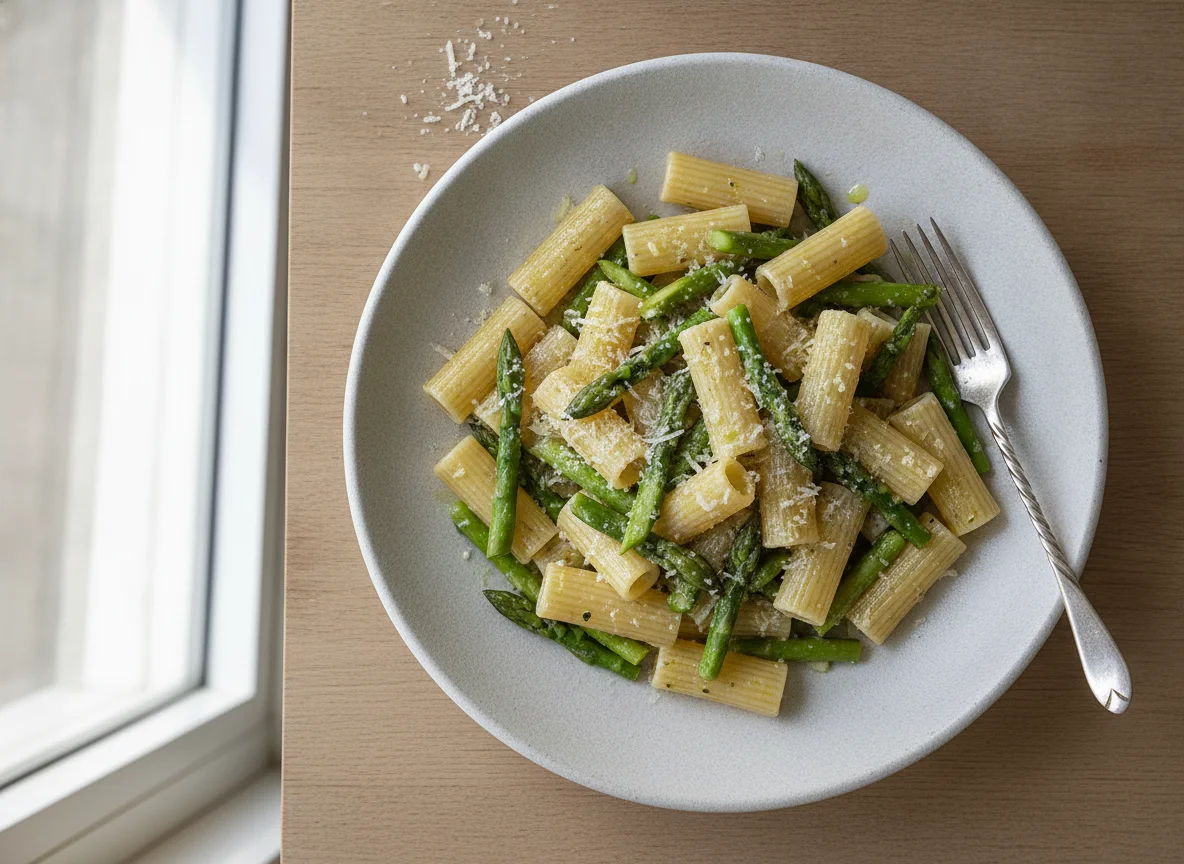 Pasta mit grünem Spargel und Parmesan photo