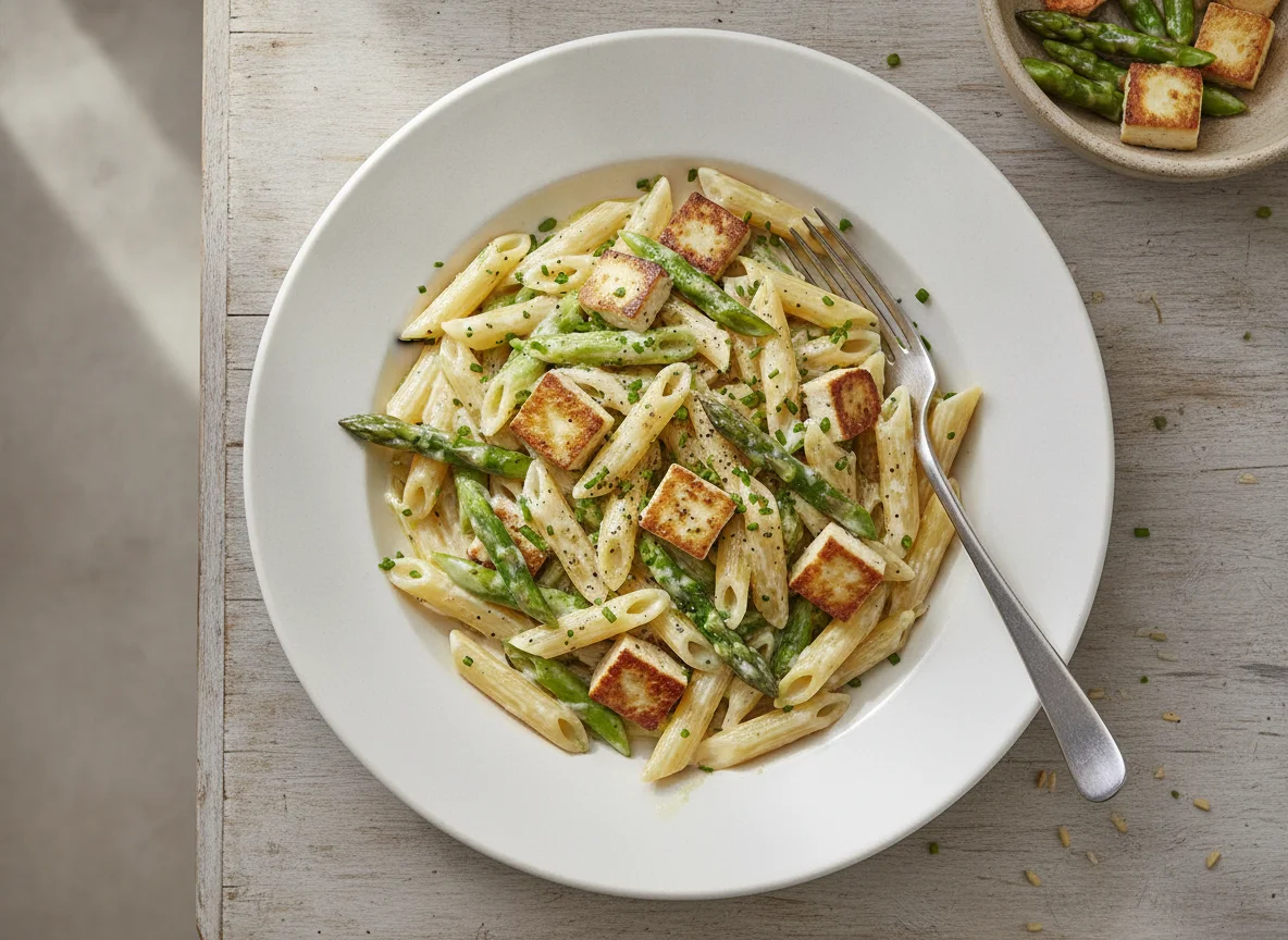 Pasta mit grünem Spargel und Tofu photo