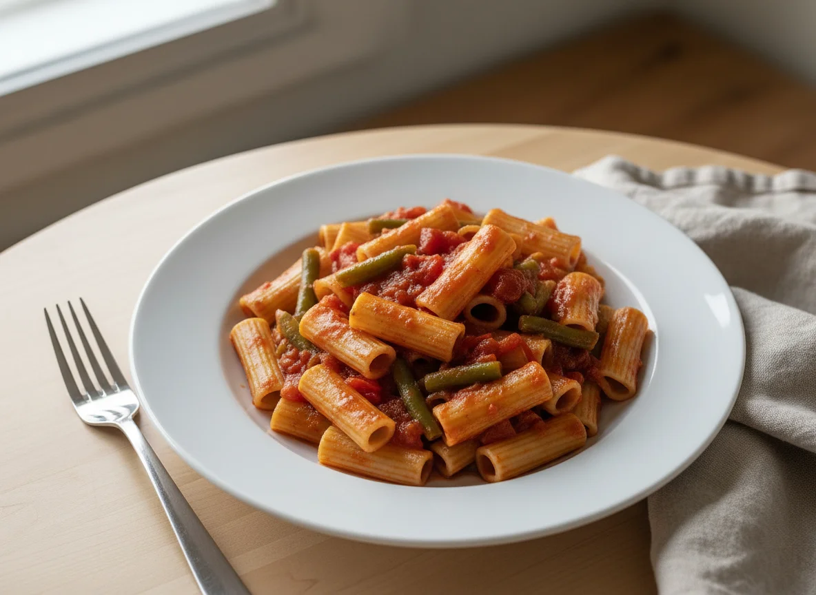 Pasta mit grünen Bohnen und Tomatensauce photo