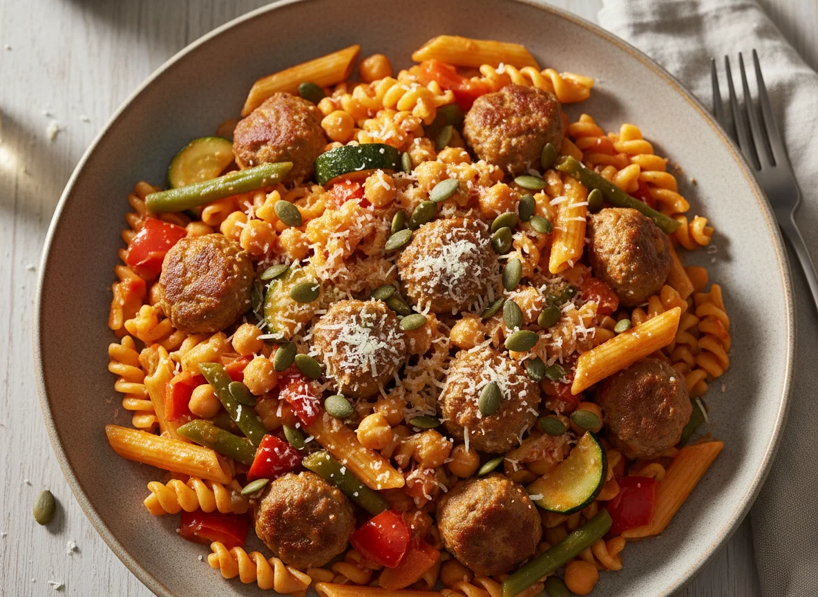 Pasta mit Hackbällchen, Kichererbsen und Gemüse photo