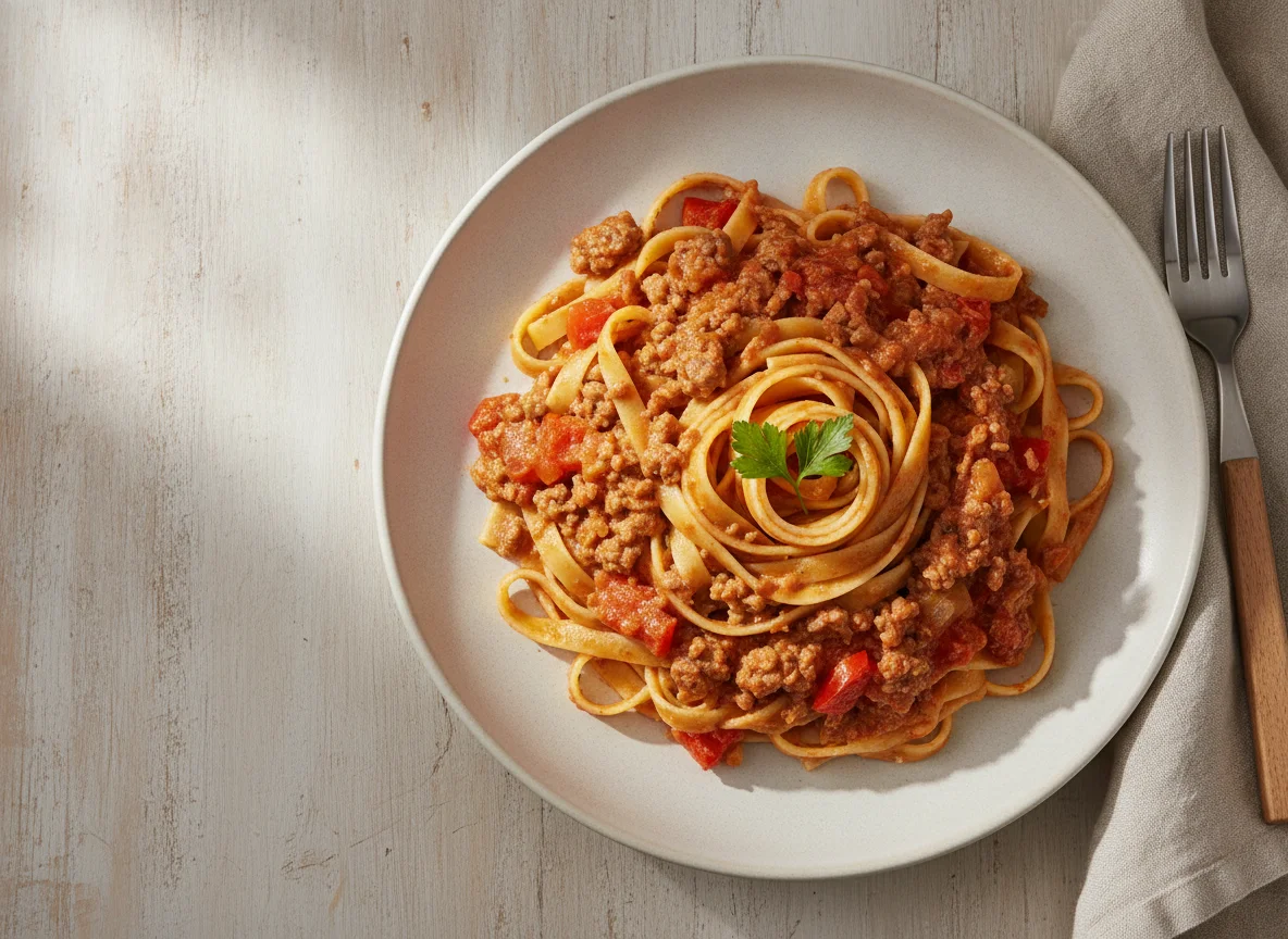 Pasta mit Hackfleisch-Paprika-Sauce photo