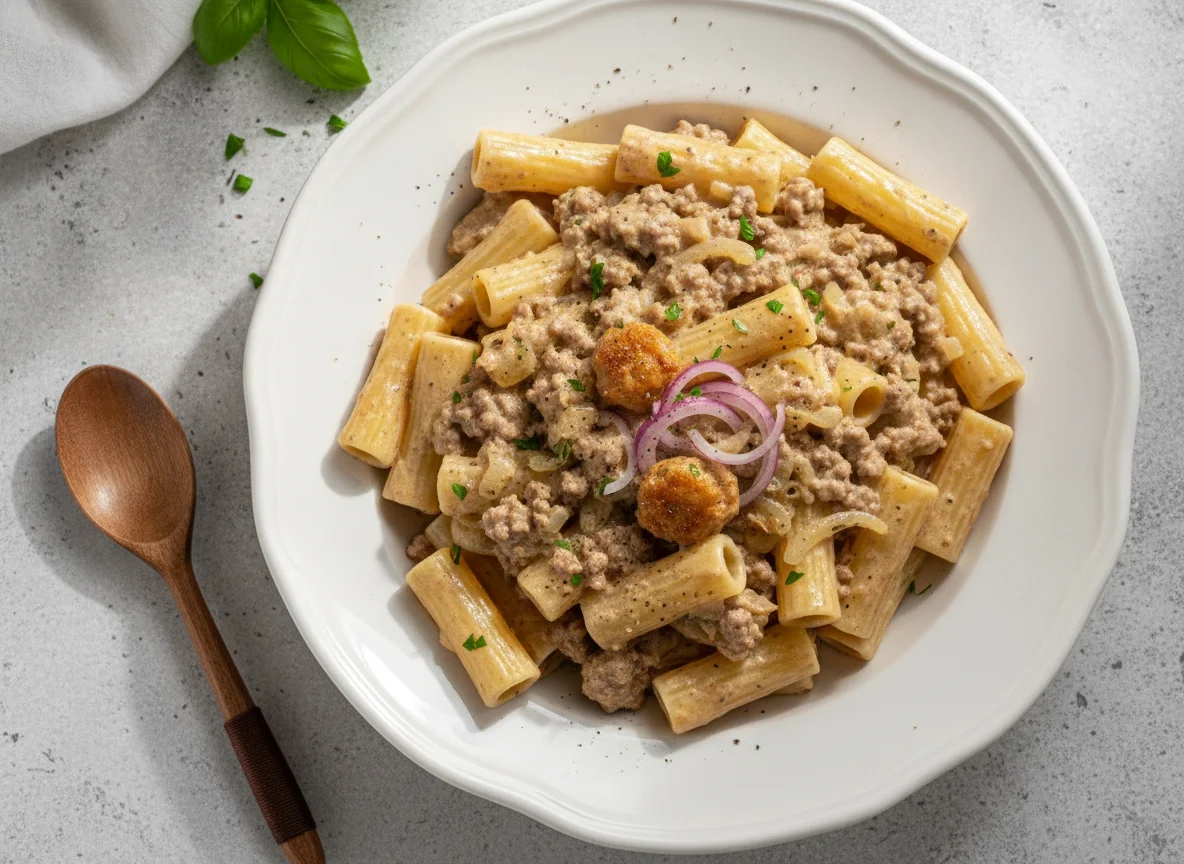Pasta mit Hackfleisch-Sahne-Sauce photo