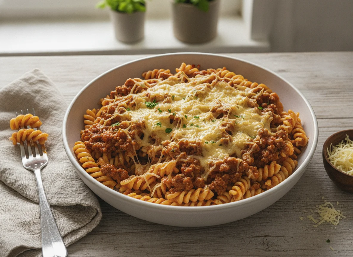 Pasta mit Hackfleischsauce und Käse photo