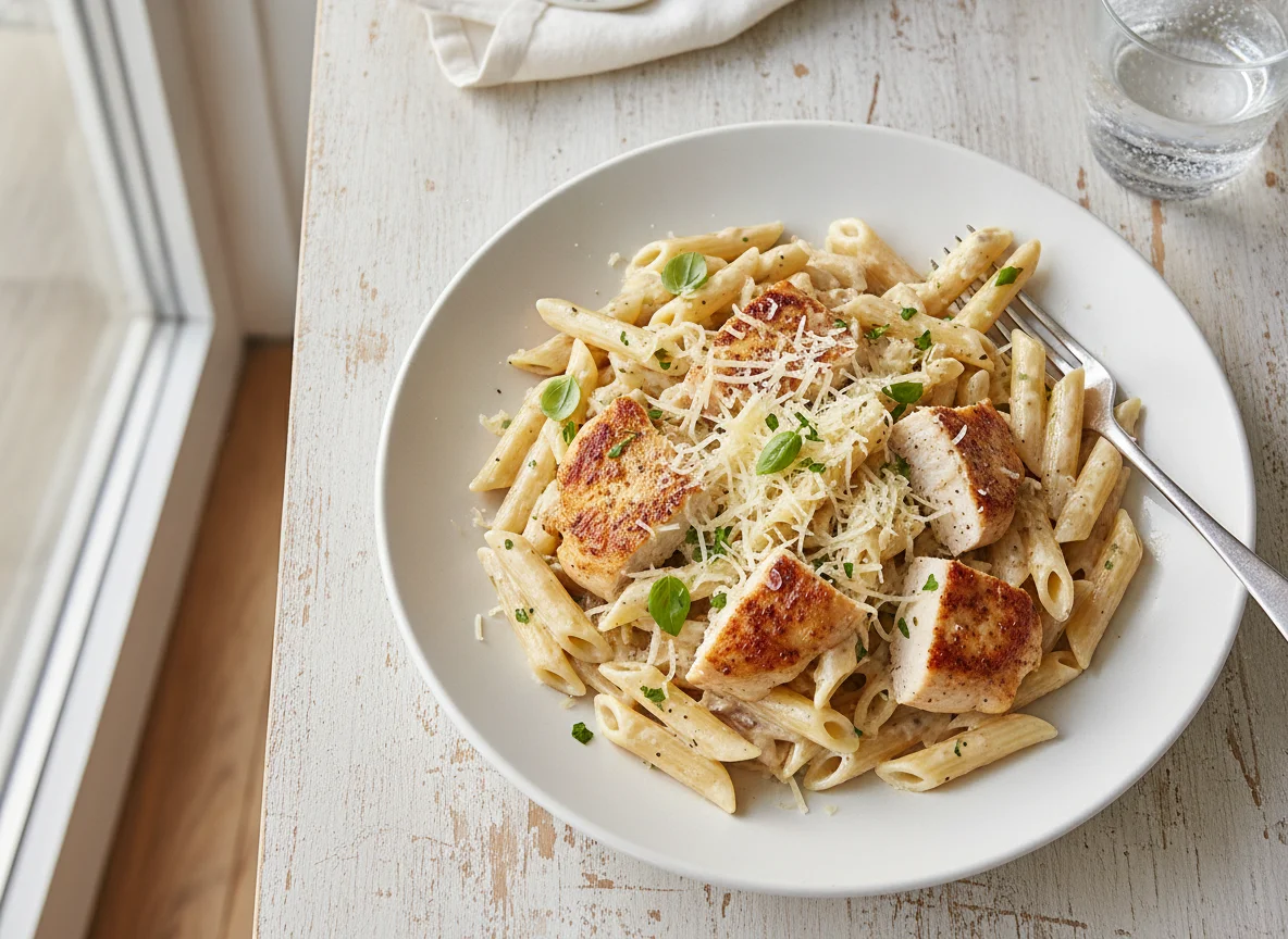Pasta mit Hähnchen in Sahnesoße photo