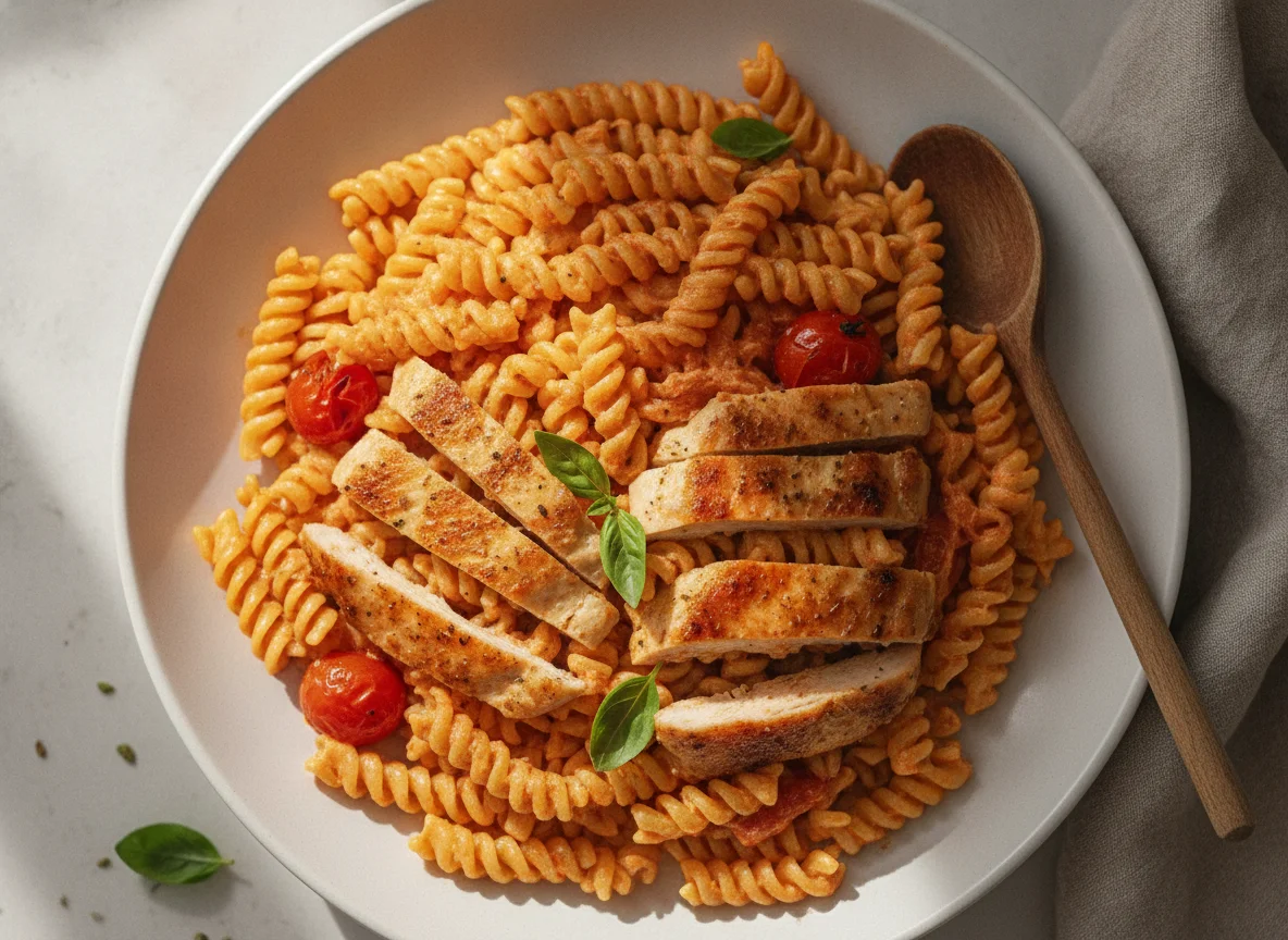 Pasta mit Hähnchen in Tomaten-Sahnesauce photo