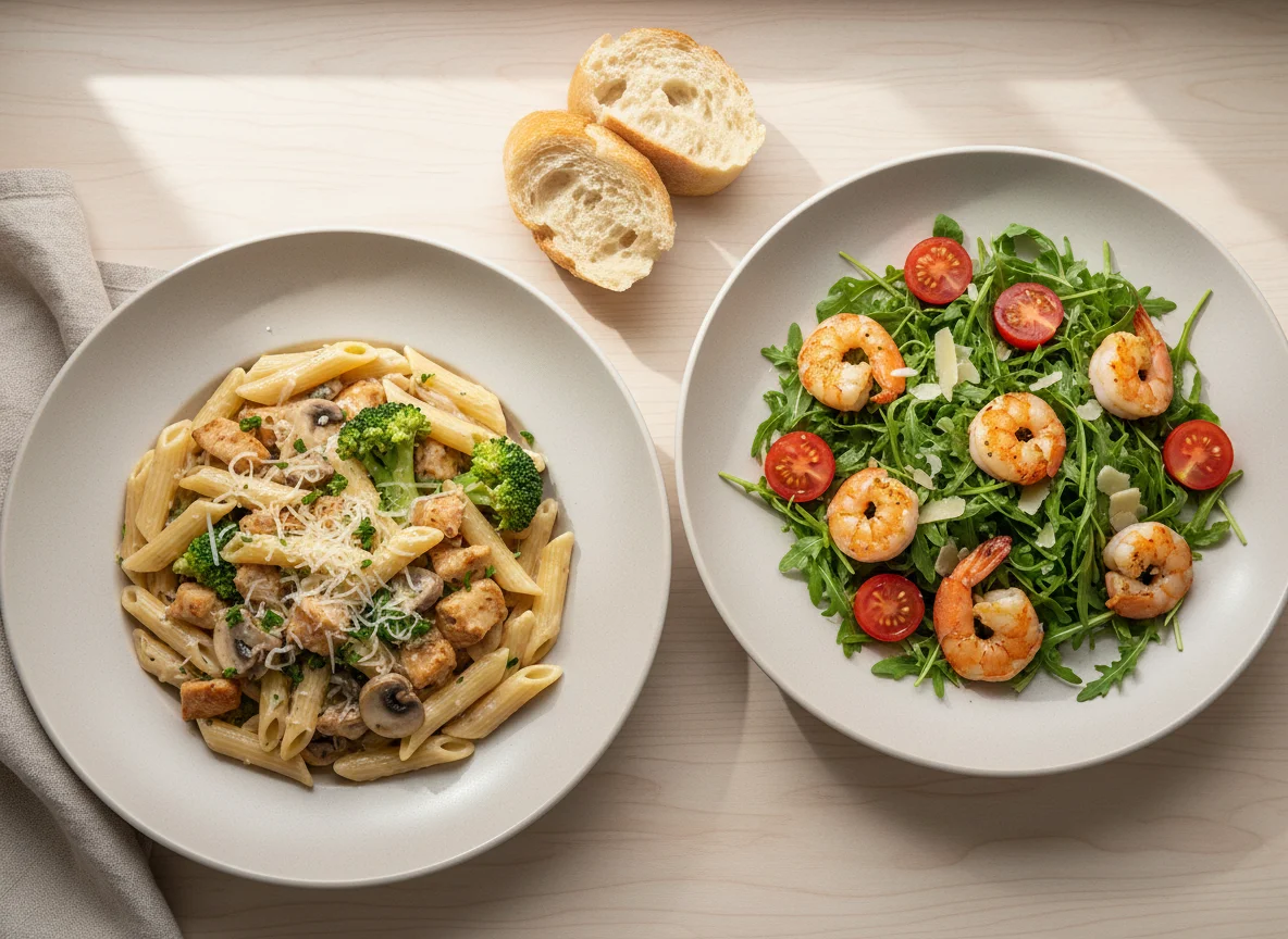 Pasta mit Hähnchen, Pilzen und Brokkoli und Rucola-Salat mit Garnelen photo