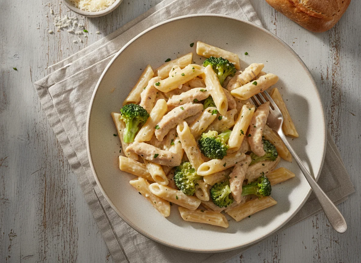 Pasta mit Hähnchen und Brokkoli in Sahnesauce photo