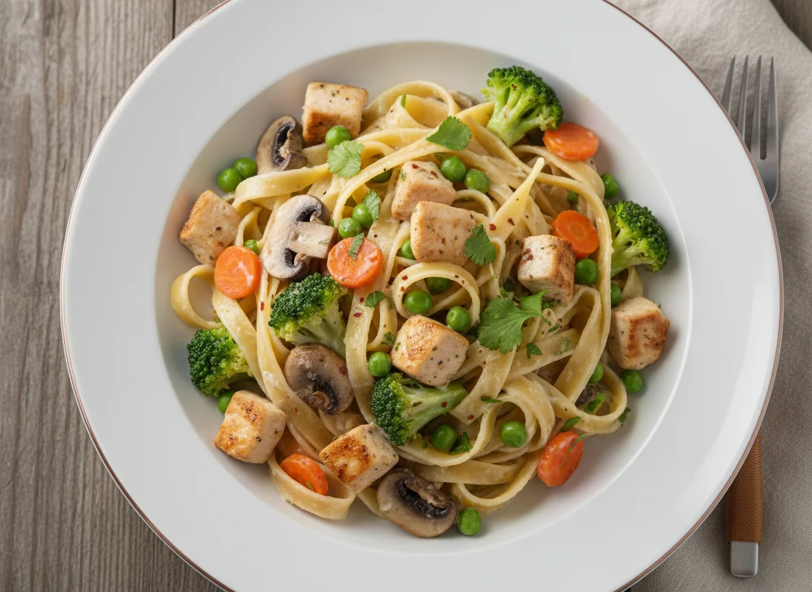 Pasta mit Hähnchen und Gemüse in Kokosmilchsauce photo