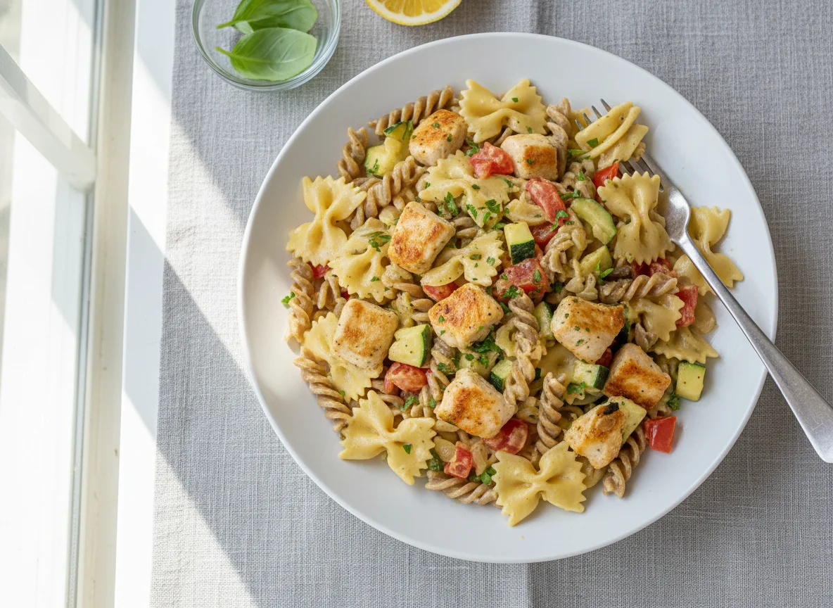 Pasta mit Hähnchen und Gemüse in Sahnesauce photo
