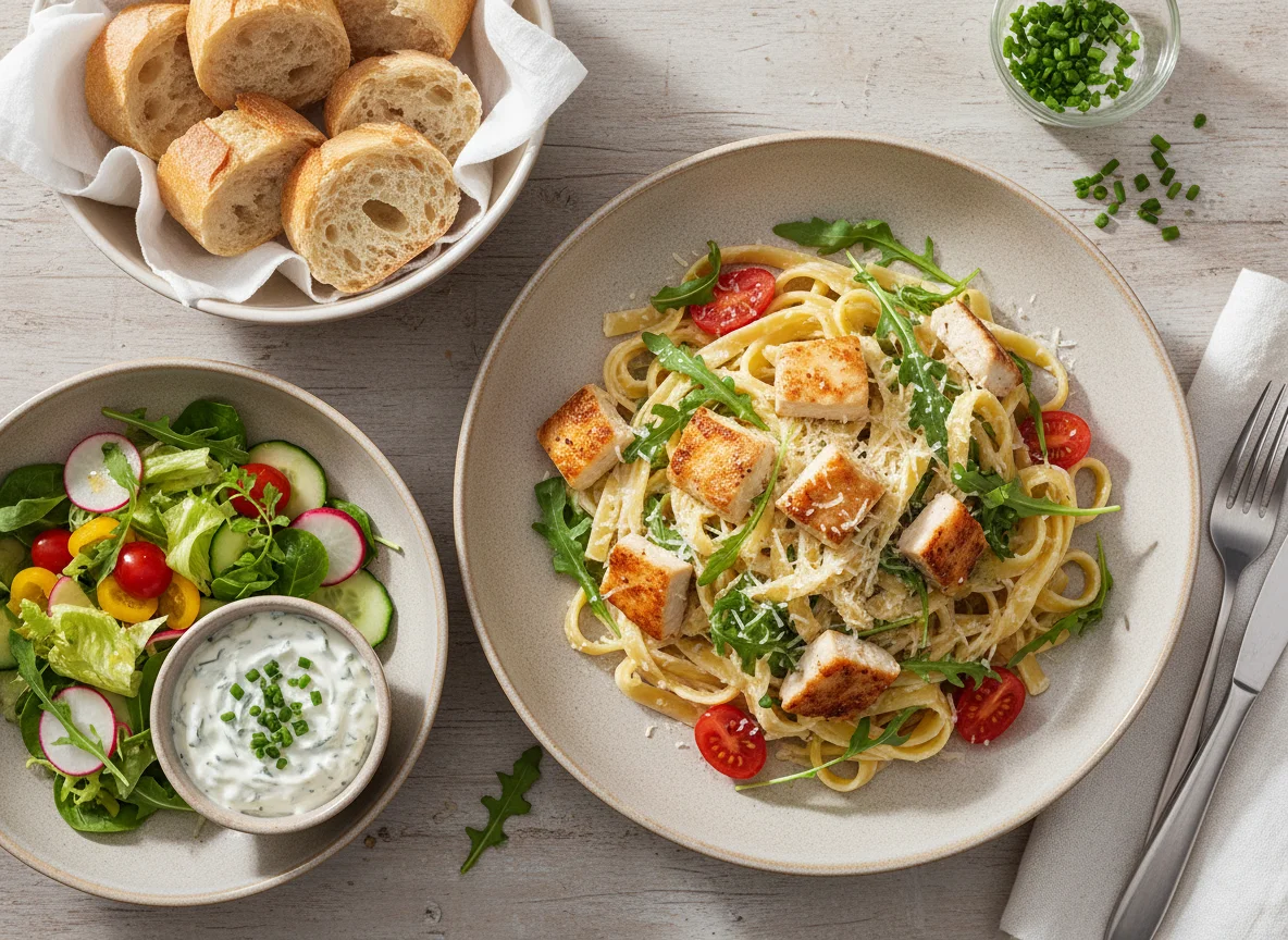 Pasta mit Hähnchen und Rucola, dazu Salat und Brot photo