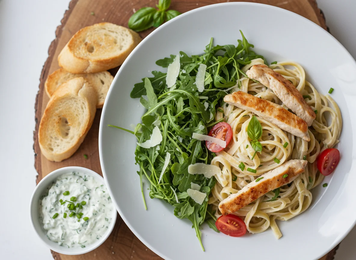 Pasta mit Hähnchen und Rucola photo