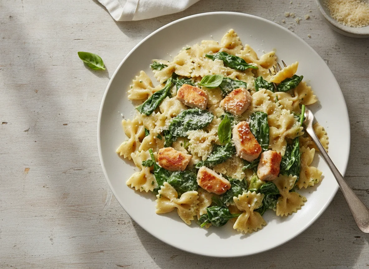 Pasta mit Hähnchen und Spinat-Sahnesauce photo