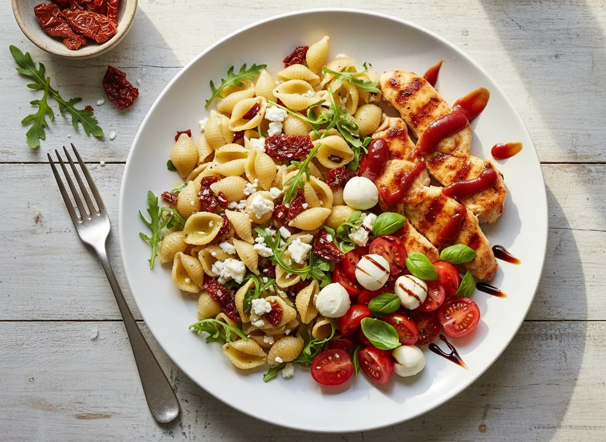 Pasta mit Hähnchen und Tomaten-Mozzarella-Salat photo