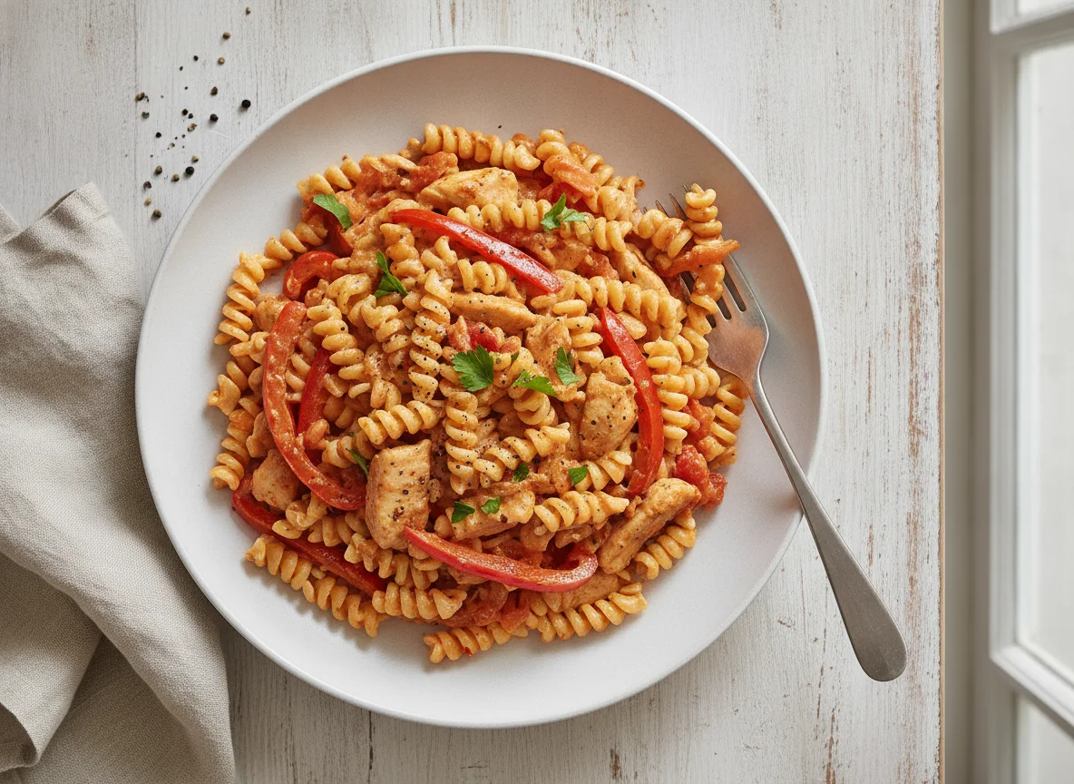 Pasta mit Hähnchen und Tomaten-Sahnesauce photo